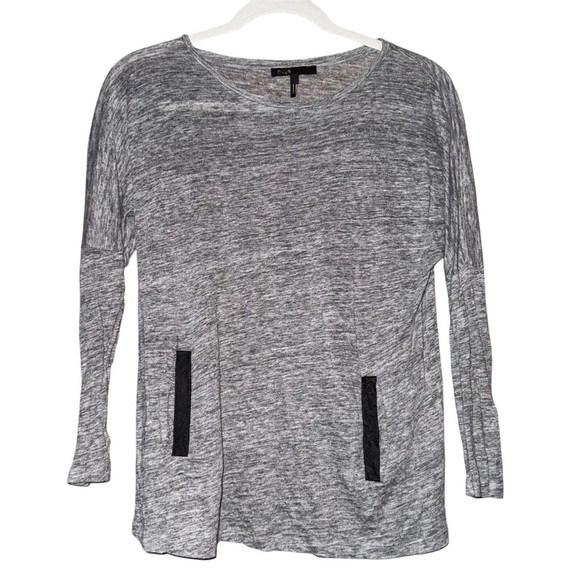 MAJE Gray Linen Goat Leather Trim Pockets 3/4 Sleeves Tee Shirt Size Small - Picture 2 of 12